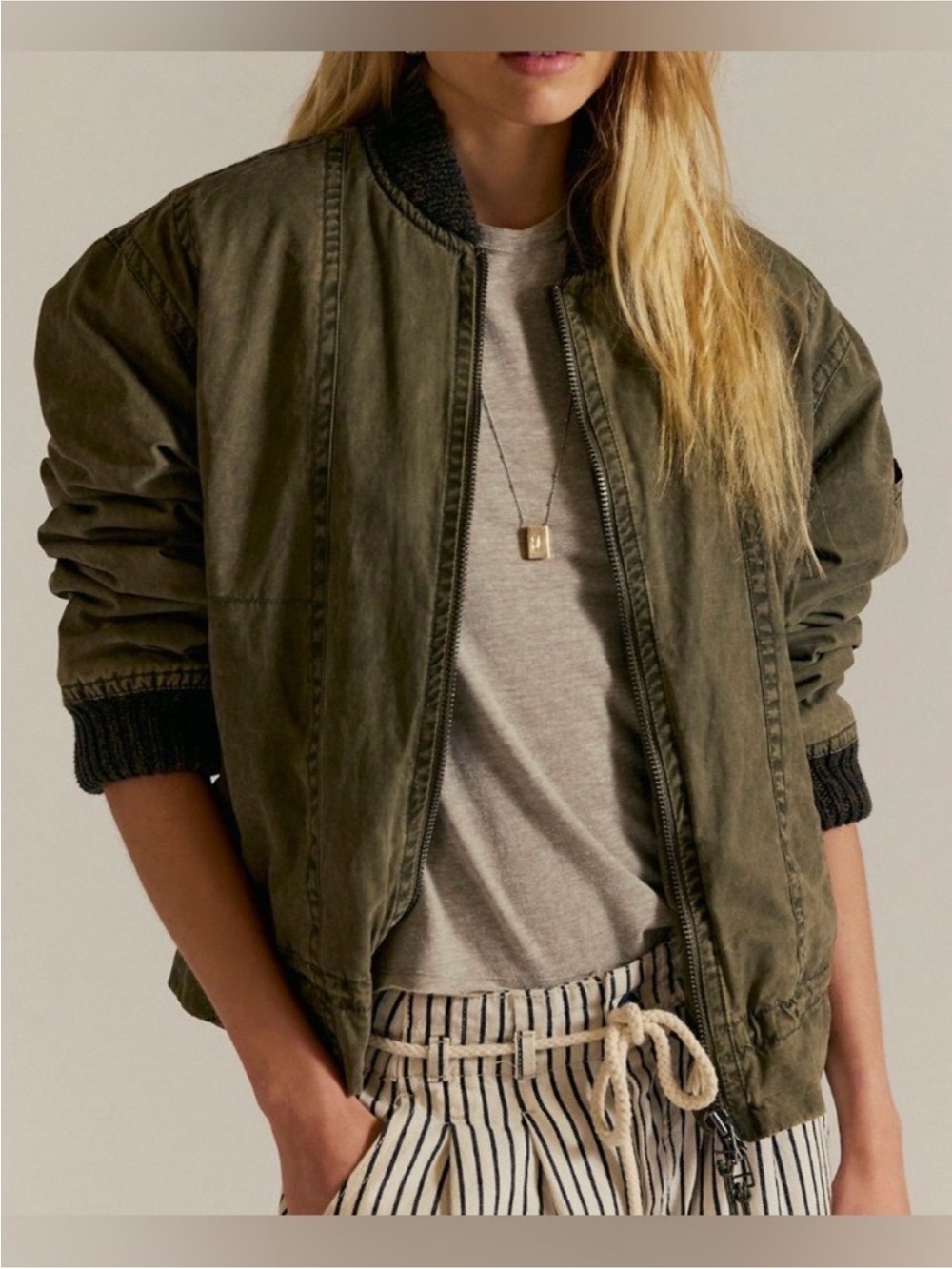 NWT Free People Women's XL Olive Jax Bomber Oversized Jacket Two‑Way Zip Pockets - Picture 14 of 14